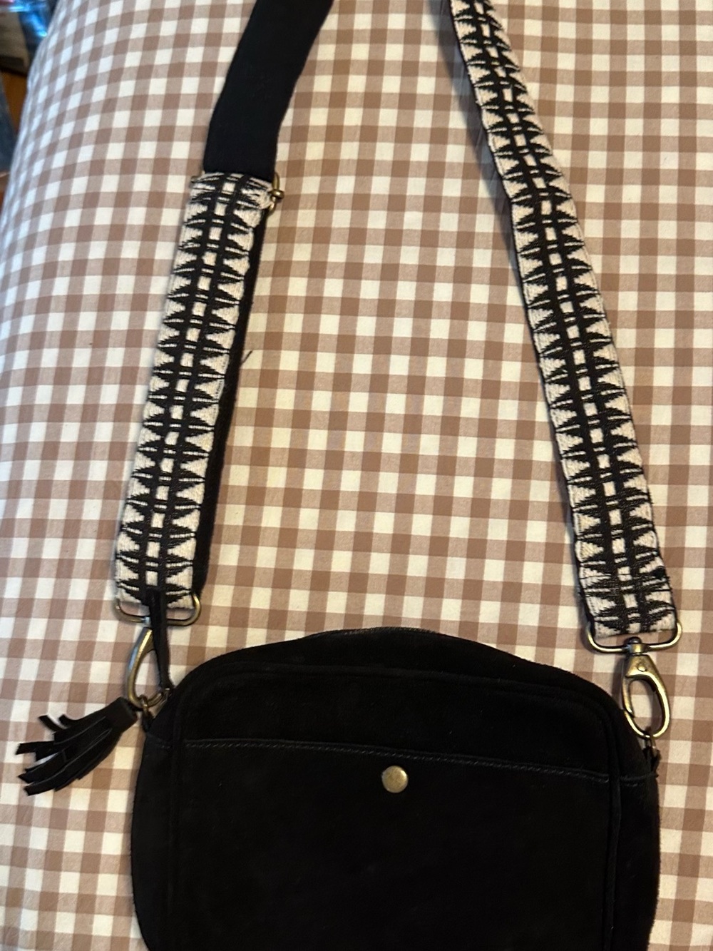 World Market Black Genuine Suede Crossbody with Patterned Strap and extra strap.